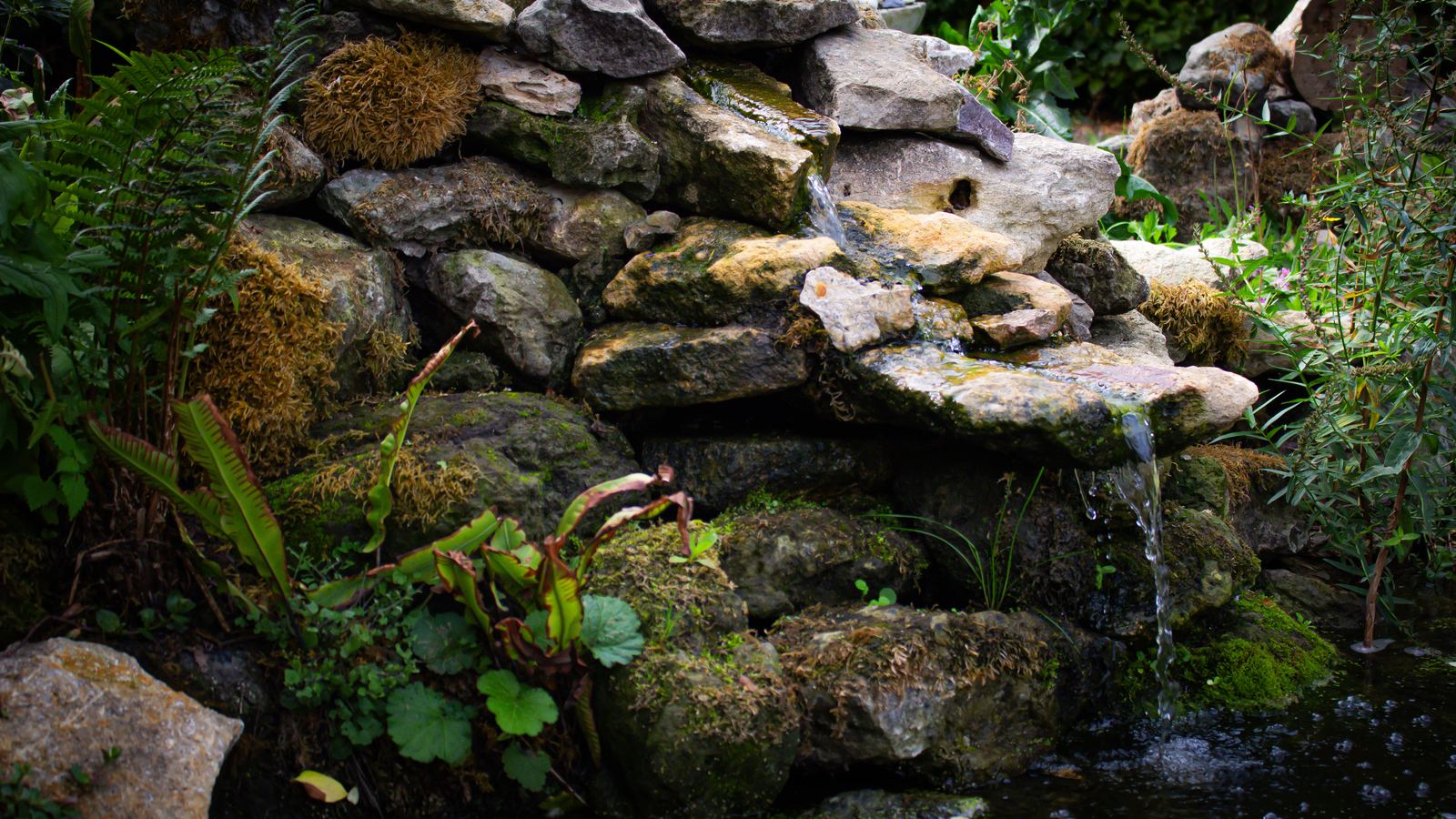 Water falling between moss-covered stones of a drystone cascade into a pond below